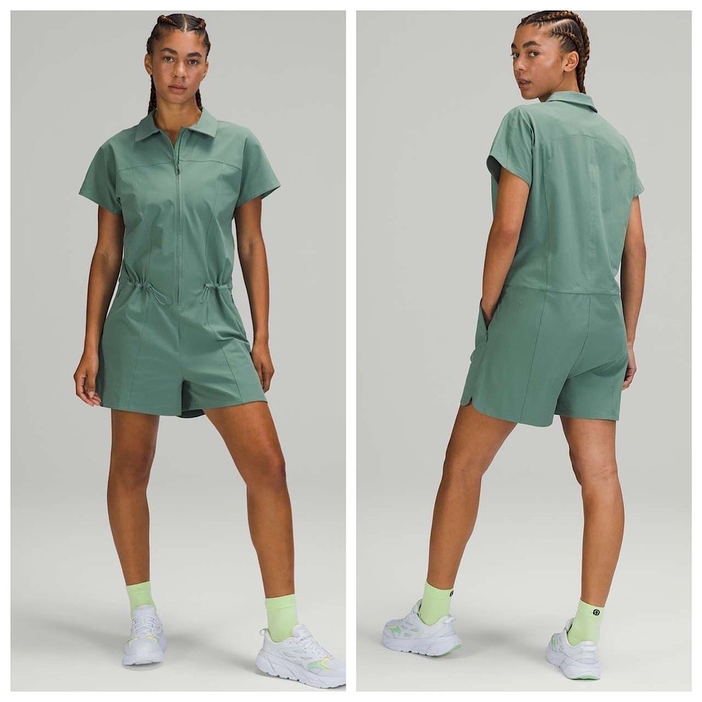 Lululemon Stretch Ripstop Short Sleeve Romper Womens‎ Sz 6 Green Zip Front